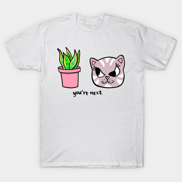 Evil Cat Threatens Plant T-Shirt by grumblebeedesign